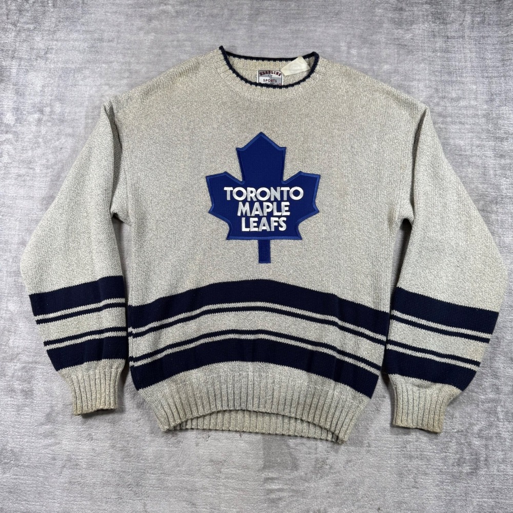 Toronto Maple Leafs Sweater Mens Large Gray Knit Vintage 90s Striped NHL Hockey